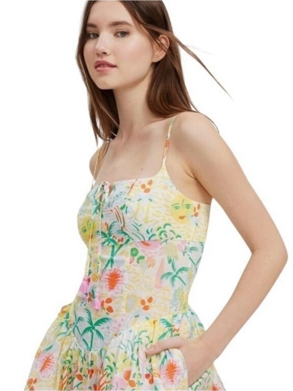 EUC Green & Yellow Floral Mini Dress ~ 100% Cotton Drop Waist Tassels ~ L
